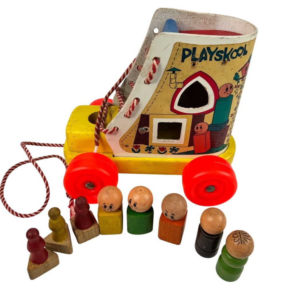 Playskool Wooden Pull Along Toy Shoe Lace Up People Figures 1970s Vtg Toddler - Picture 2 of 13